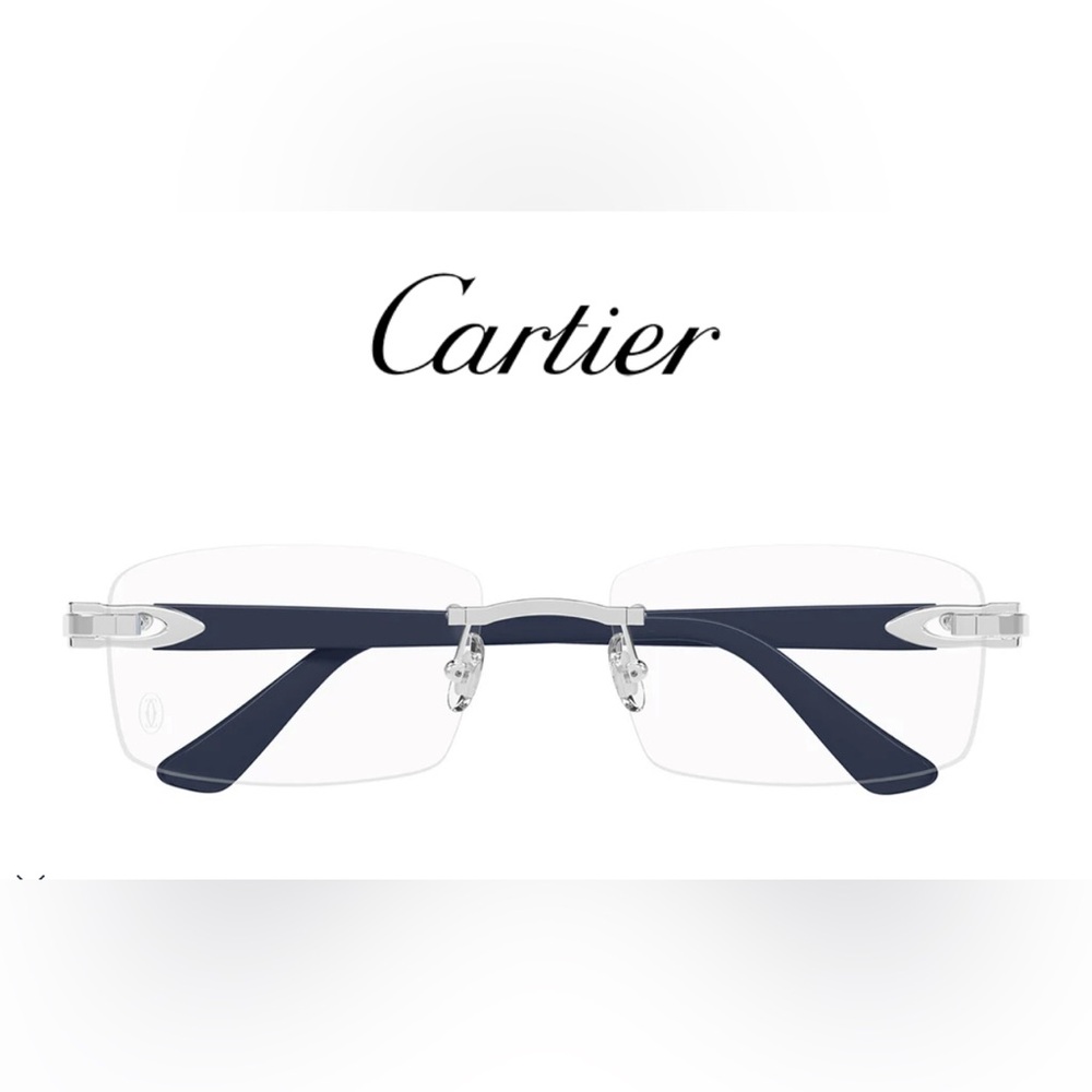 Authentic Cartier CT0287O Men’s Rimless Rectangle Glasses – Silver/Blue
